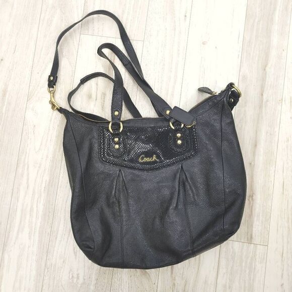 Coach Ashley 2 Way Tote Purse Shoulder Bag Black Python Leather F20104. 
L 16"
H - Picture 2 of 10